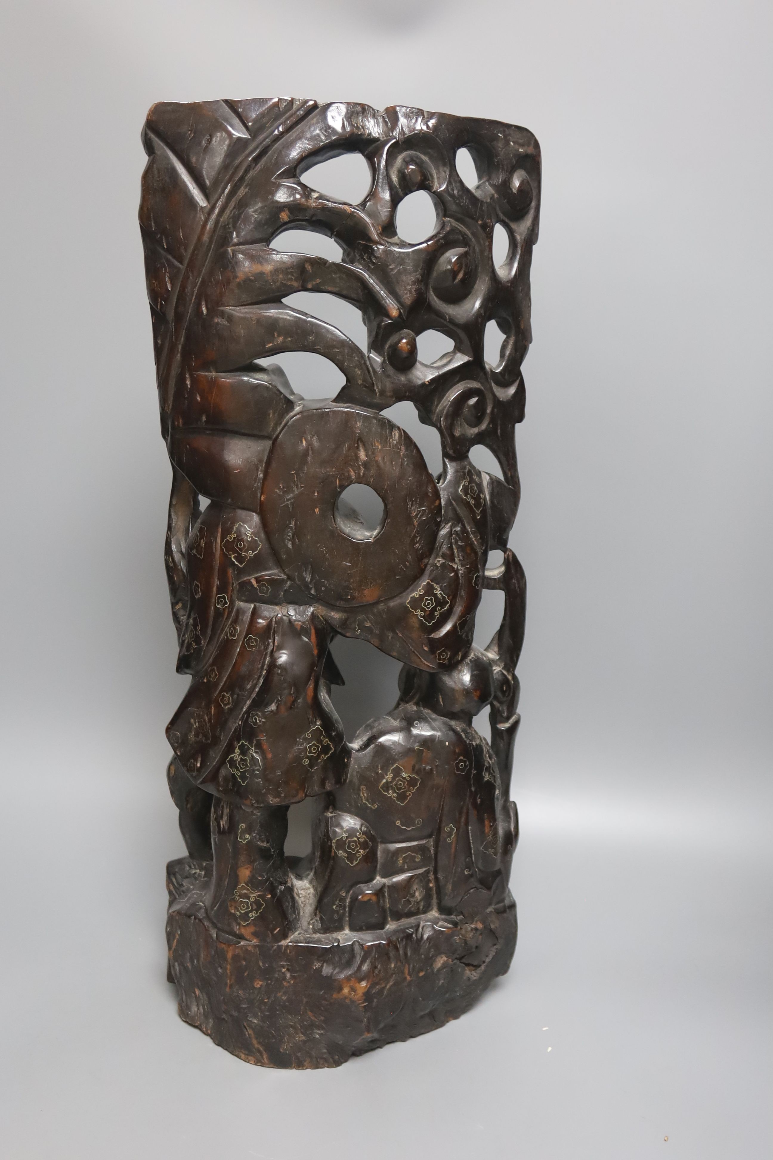 A Chinese hardwood and wire inlaid group of the He He Erxian and a similar figure of Budai, both early 20th century, tallest 49cm